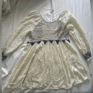 Ivory Boho Smocked Peasant Top with Black Embroidery